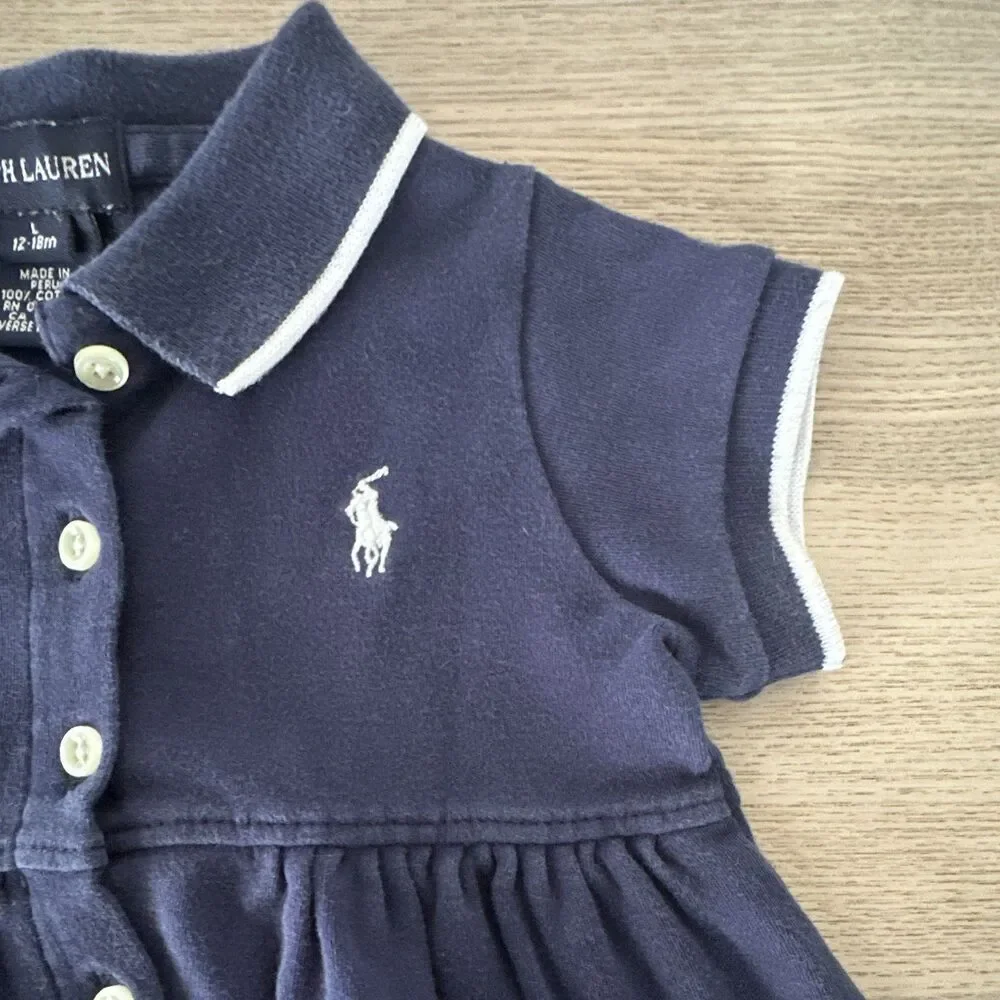 Vintage Ralph Lauren Girls 12-18 Months Navy Polo Cotton Knit Shirt Dress baby